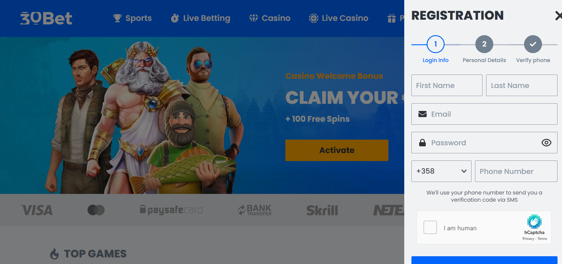 30bet Registrierungsformular