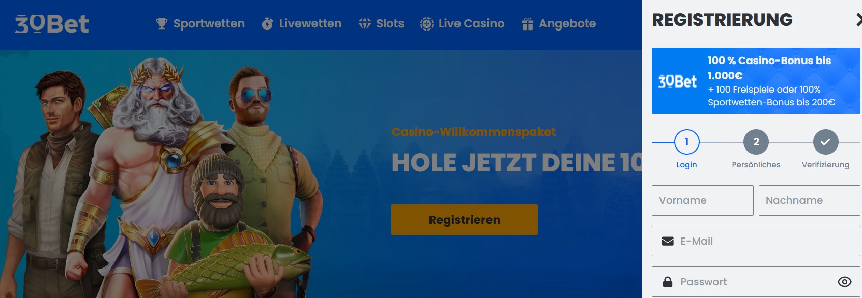 30bet Registrierungsformular